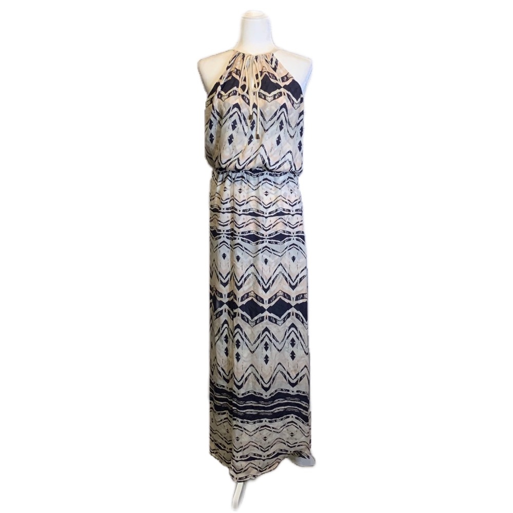 Parker Aztec Silk Maxi Dress with Tie Neck - M